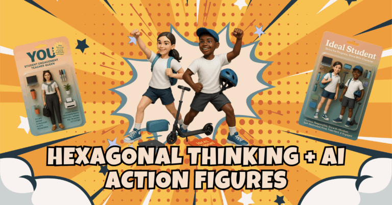 Text reads: Hexagonal Thinking + AI Action Figures. Image shows a teacher action figure box and a student action figure box with the student action figures in the middle superhero posing. Blog post header for aroundthemiddle.com by In Around the Middle