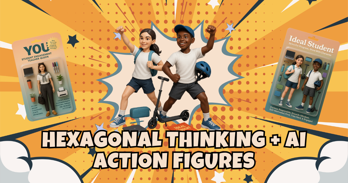 Text reads: Hexagonal Thinking + AI Action Figures. Image shows a teacher action figure box and a student action figure box with the student action figures in the middle superhero posing. Blog post header for aroundthemiddle.com by In Around the Middle