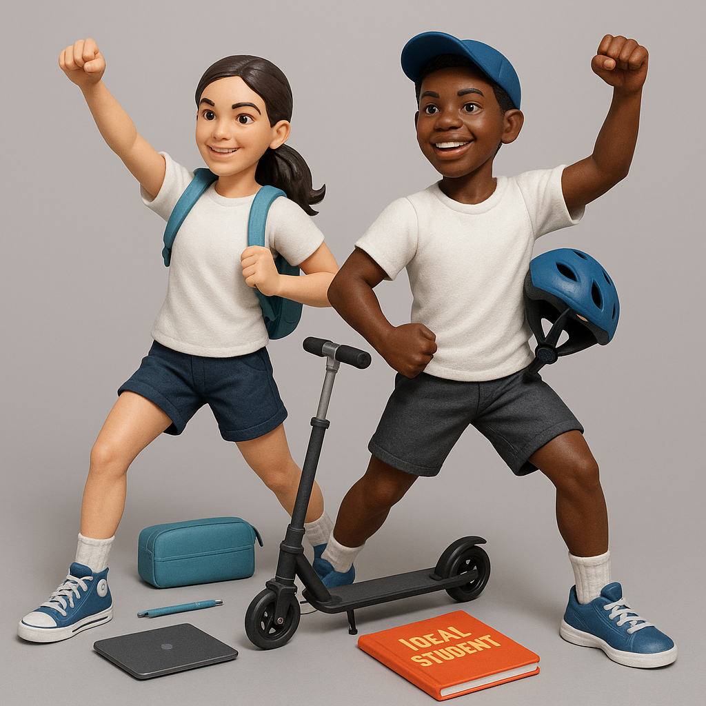 Ideal student action figures out of their box and striking a superhero pose.