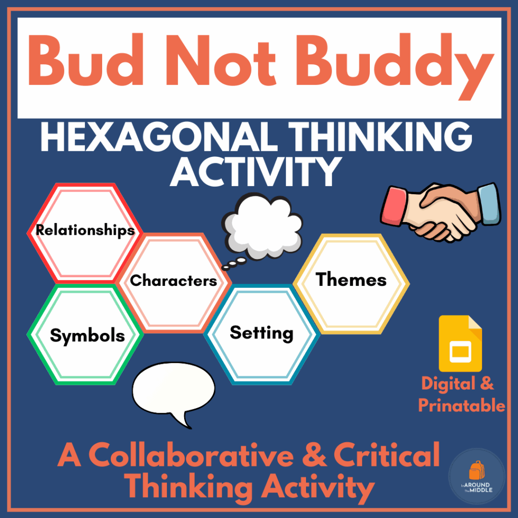 Image from a blog post on differentiating your novel study even with split year levels by In Around the Middle @ aroundthemiddle.com
Image is an product on hexagonal thinking for the novel Bud Not Buddy by Christopher Paul Curtis and links to the TPT store In Around the Middle