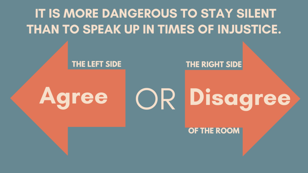 Image from a blog post on differentiating your novel study even with split year levels by In Around the Middle @ aroundthemiddle.com
Text reads: It is more dangerous to stay silent than to speak up in times of injustice. Agree - the left side or disagree - the right side of the room.