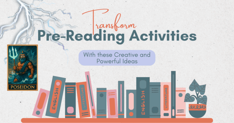 Text reads: Transform Pre-Reading Activity with these Creative and Powerful Ideas. Image shows books on a bookshelf, a bolt of lightning in the top corner, and a 'trading card' image of Poseidon.
