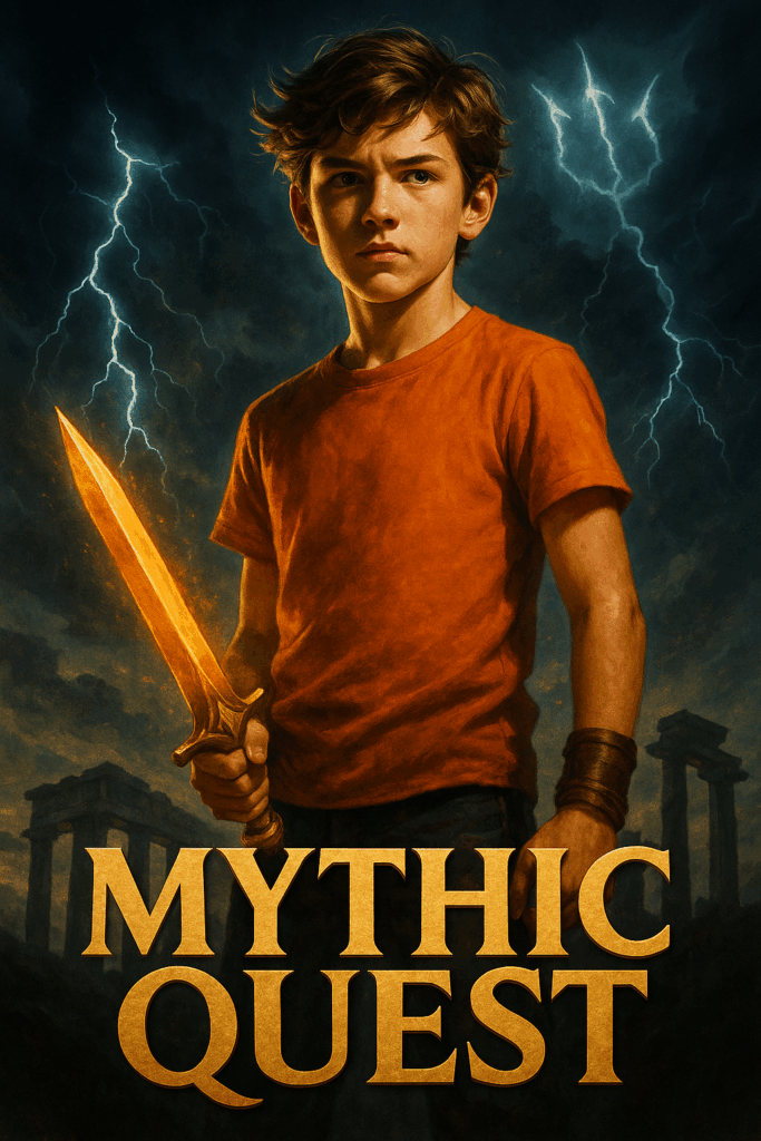 Image shows a pre-teen boy in an orange shirt carrying a sword. Background image shows Greek ruins and a dark sky with a lightning bolt with a second lighting bolt in the shape of a trident. Text reads Mythic Quest. Blogpost by In Around the Middle