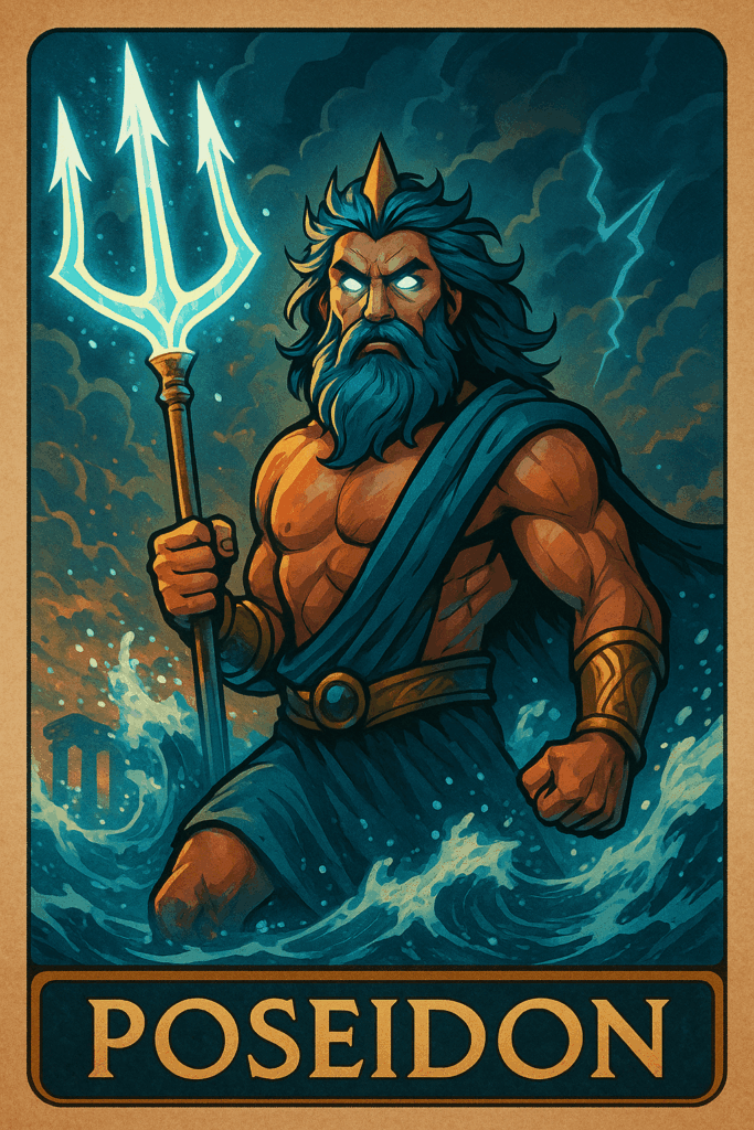 Front image of Poseidon trading card. Text reads Poseidon. Image shows Greek god Poseidon with his trident standing knee deep in the ocean with waves crashing around him. The background shows Greek ruins. A dark stormy sky with a lightning bolt. Part of a pre-reading activities blog post by In Around the Middle