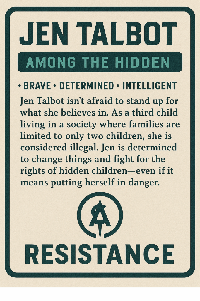Image shows an AI generated image of the back of a character card for Jen Talbot from the novel Among the Hidden - Text Reads: Jen Talbot. Among the Hidden. Brave, Determined, Intelligent. Part of a blog post on Irresistibly Creative Character Analysis Activities Your Students Will Love by In Around the Middle @ aroundthemiddle.com