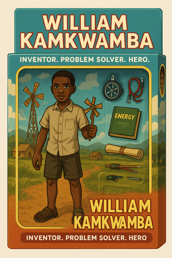 Image shows action figure box of an African boy with a windmill in the background. Accessories include a book on energy, a wheel, rolled-up plans and a pinwheel. Text reads 'William Kamkwamba. Inventor, Problem Solver, Hero. Part of a blog post by In Around the Middle @ aroundthemiddle.com