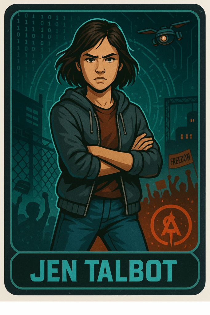 Image shows an AI generated image of Jen Talbot from the novel Among the Hidden, as a character card. Part of a blog post on Irresistibly Creative Character Analysis Activities Your Students Will Love by In Around the Middle @ aroundthemiddle.com