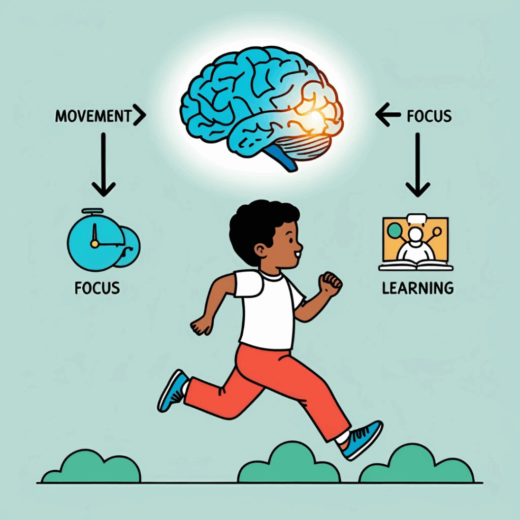 Image shoes a boy running with a glowing brain above his head. Arrows between the word movement to the brain and to the word focus. Also arrows between focus and learning and to the brain. In a blog post on the benefits of movement-based activities in classrooms by In Around the Middle @ aroundthemiddle.com