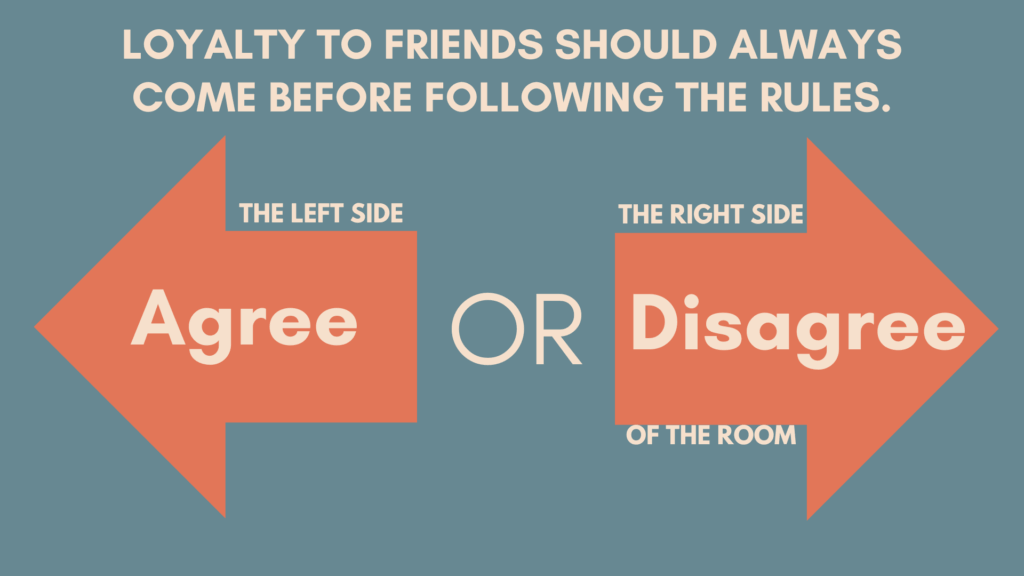 Text reads: Loyalty to Friends should always come before following the rules. Go to the left side of the room to agree or the right side to disagree. Two large arrows point in each direction. Part of a pre-reading activity for Percy Jackson by In Around the Middle on TPT.