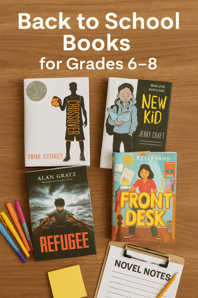 A Pinterest-style flat lay photograph showcases four middle grade novels arranged neatly on a soft beige background. The featured titles include New Kid, The Crossover, Restart, and Refugee. Stationery items like highlighters, sticky notes, and a teacher clipboard add a classroom feel. A text overlay reads, “Back to School Books for Grades 6–8 – Theme-Based Novel Picks.” From a Blogpost by In Around the Middle @ aroundthemiddle.com