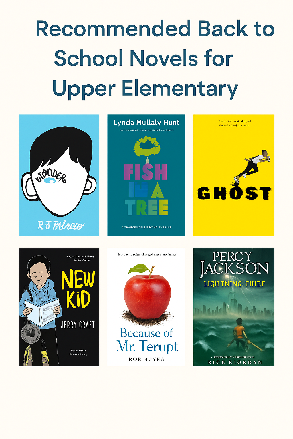 A digital collage featuring six book covers commonly used as back to school novels for upper elementary students. Titles include Wonder, Fish in a Tree, Ghost, New Kid, Because of Mr. Terupt, and Percy Jackson and the Lightning Thief. Each cover is clearly visible and arranged in a balanced grid layout. Blogpost by In Around the Middle @inaroundthemiddle.com