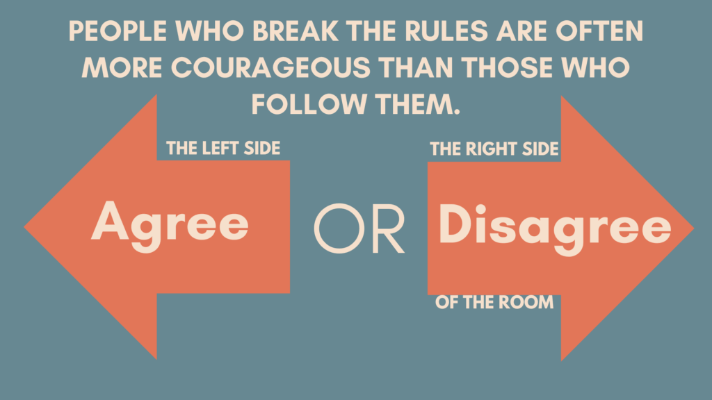 Percy Jackson and the Lightning Thief Pre and Post Novel Debate example. Text reads: 'People who break the rules are often more courageous than those who follow them.' Example from debate activity by In Around the Middle available on TPT. In a blogpost on Back to School Books for Upper Primary. @aroundthemiddle.com
