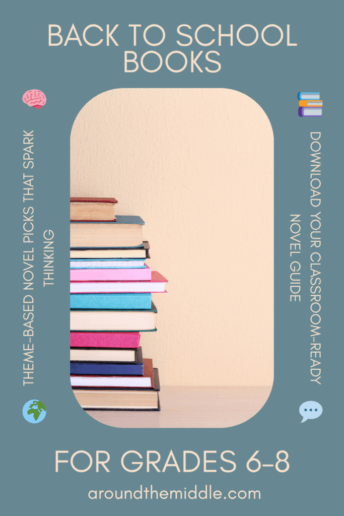 Text reads: Back to School Books For Grades 6-8. Theme-Based Novel Picks That Spark Thinking. Download Your Classroom-Ready Novel Guide. From a blogpost by In Around the Middle @ aroundthemiddle.com
