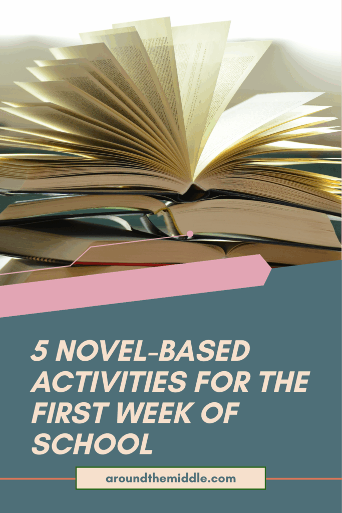 Image of an open book with pages fanned out, resting on a stack of books. Overlay text reads, “5 Novel-Based Activities for the First Week of School.” From a blog post on back-to-school ELA planning novel study activities by In Around the Middle. @ aroundthemiddle.com
