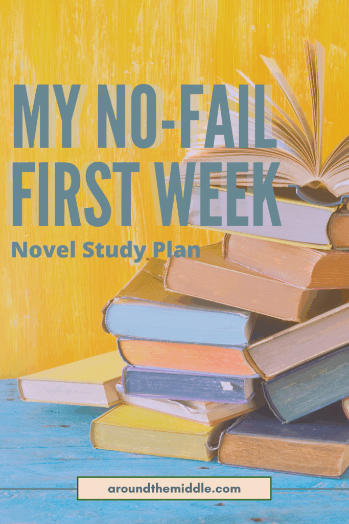Bright Pinterest pin with a yellow background and a colorful stack of books. Overlay text reads, “My No-Fail First Week Novel Study Plan.” Links to a blog post about launching novel studies in week one by In Around the Middle @ aroundthemiddle.com