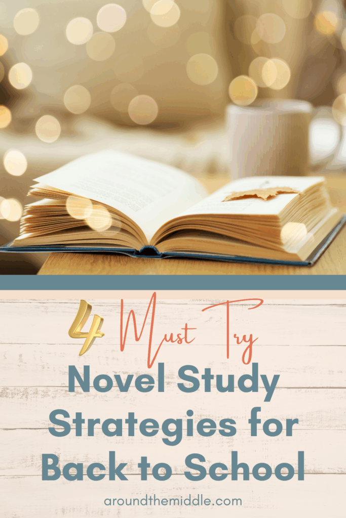 Text reads: 4 Must Try Novel Study Strategies for Back to School. Image shows an open book with gold sparkles above. From a blog post titled Back to School Novel Studies That Inspire Powerful Classroom communities by In Around the Middle @ aroundthemiddle.com