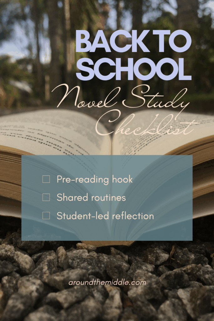 Text reads: Back to School Novel study Checklist. Pre-Reading hook; shared routines; student-led reflection. Image shows a book open on the ground outside. From a blogpost titled Back to School Novel Studies That Inspire Powerful Classroom communities by In Around the Middle @ aroundthemiddle.com