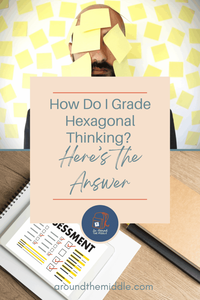 Text reads: How do I grade Hexagonal Thinking? Here's the Answer. From a blog post titled Assessment Strategies for Hexagonal Thinking Templates: How to Grade the Web. Blog post image shows a man with post it notes on his face and on the wall behind him and an assessment book open on the desk. by In Around the Middle @ aroundthemiddle.com