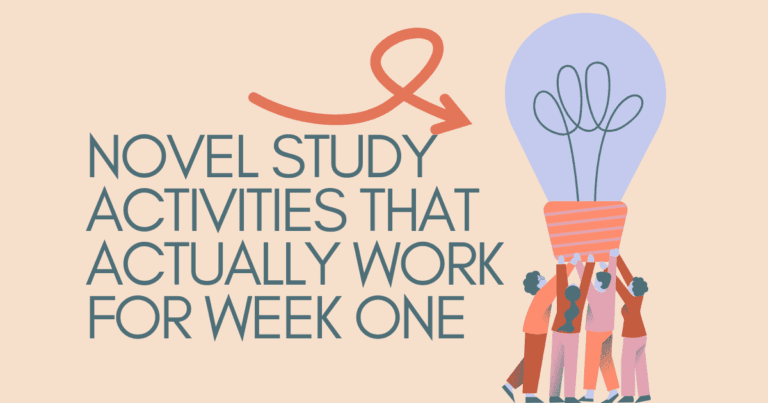 Breakthrough Novel Study Activities That Actually Work for Week One blog post title by In Around the Middle @ aroundthemiddle.com. Image shows a group of people holding a large lightbulb above their head.