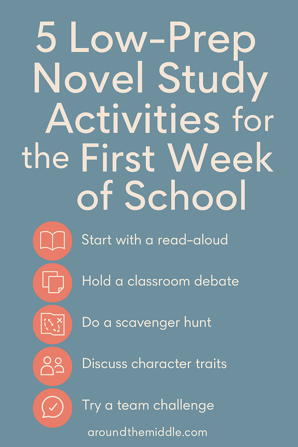 Text-only Pinterest graphic with a teal and blush background that reads “5 Low-Prep Novel Study Activities for the First Week of School.” Designed to attract teachers looking for easy, effective back-to-school ELA ideas. from a blogpost by In Around the Middle @ aroundthemiddle.com