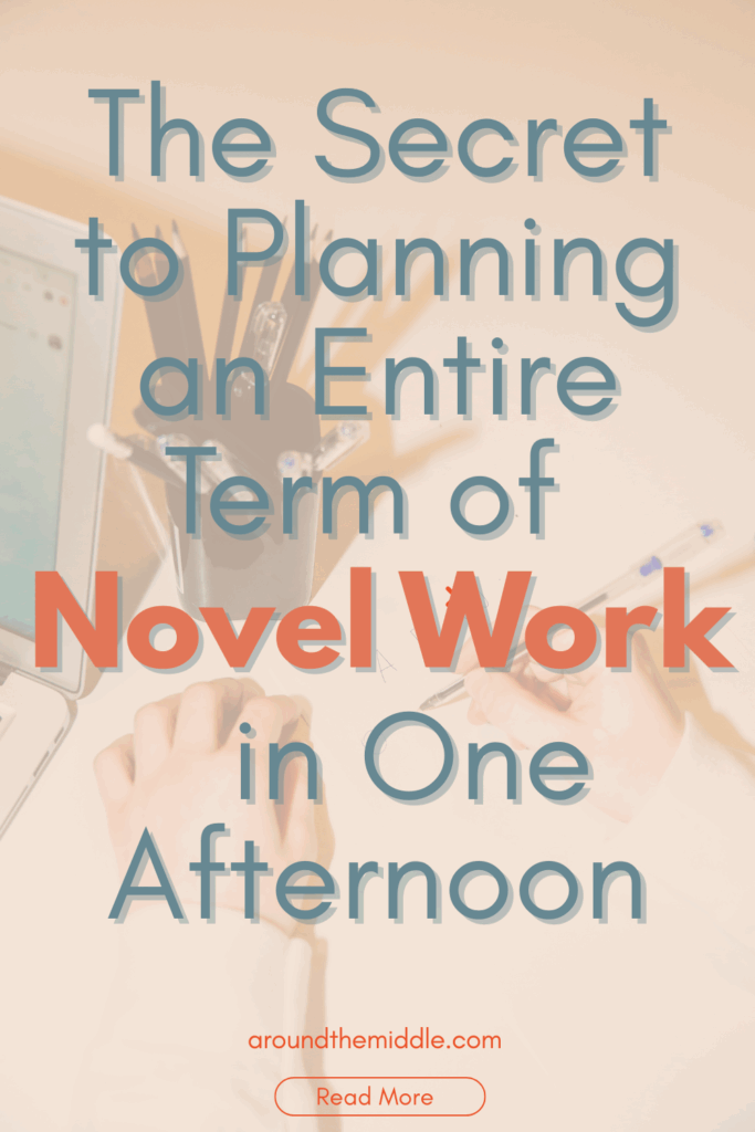 graphic showing a teacher writing in a notebook with a title overlay that reads “The Secret to Planning an Entire Term of Novel Work in One Afternoon.” Background includes a pen holder, a laptop, and hands working at a desk, evoking a calm and focused planning session. Blogpost by In Around the Middle @ aroundthemiddle.com