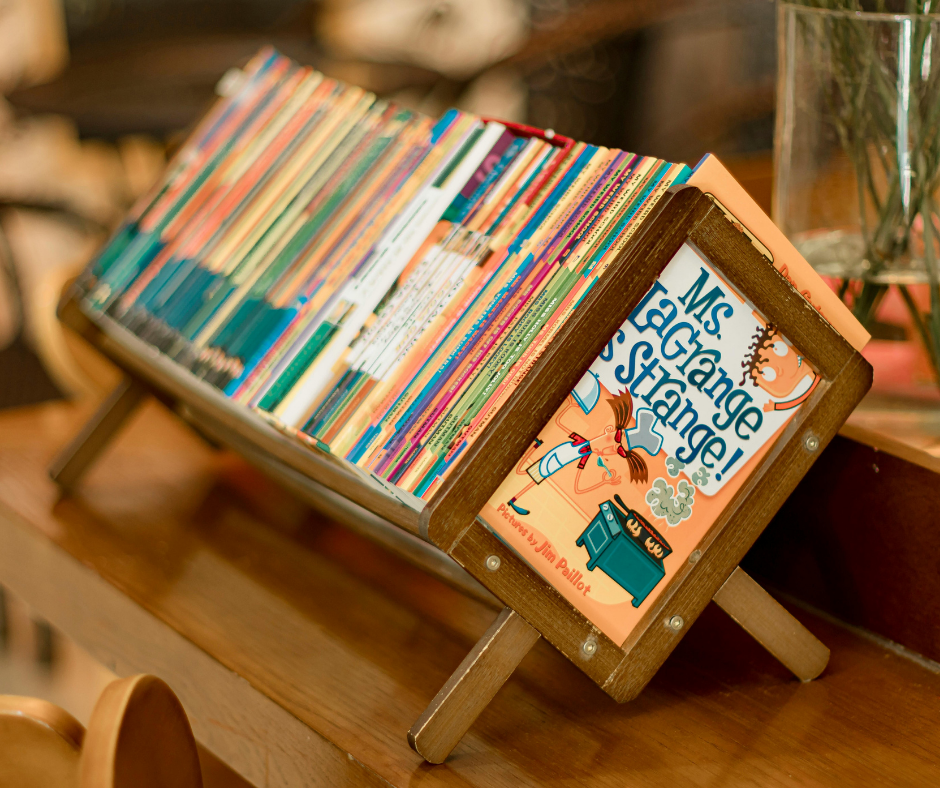 Image shows a display of children's books on top of a table. From a blog post on Early Finisher Ideas by In Around the Middle @ aroundthemiddle.com
