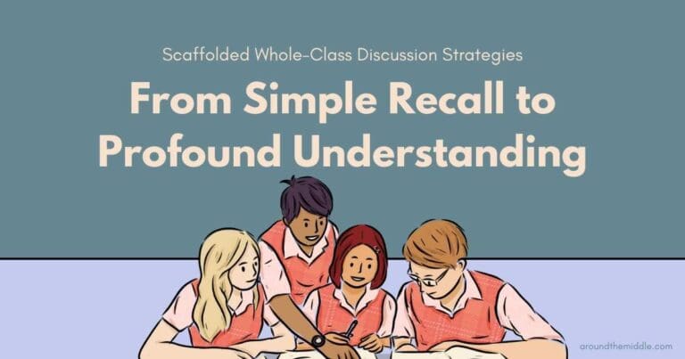 Text reads: Scaffolded Whole-Class Discussion Strategies: From Simple Recall to Profound Understanding. Image shows a sketch of four students talking and working together