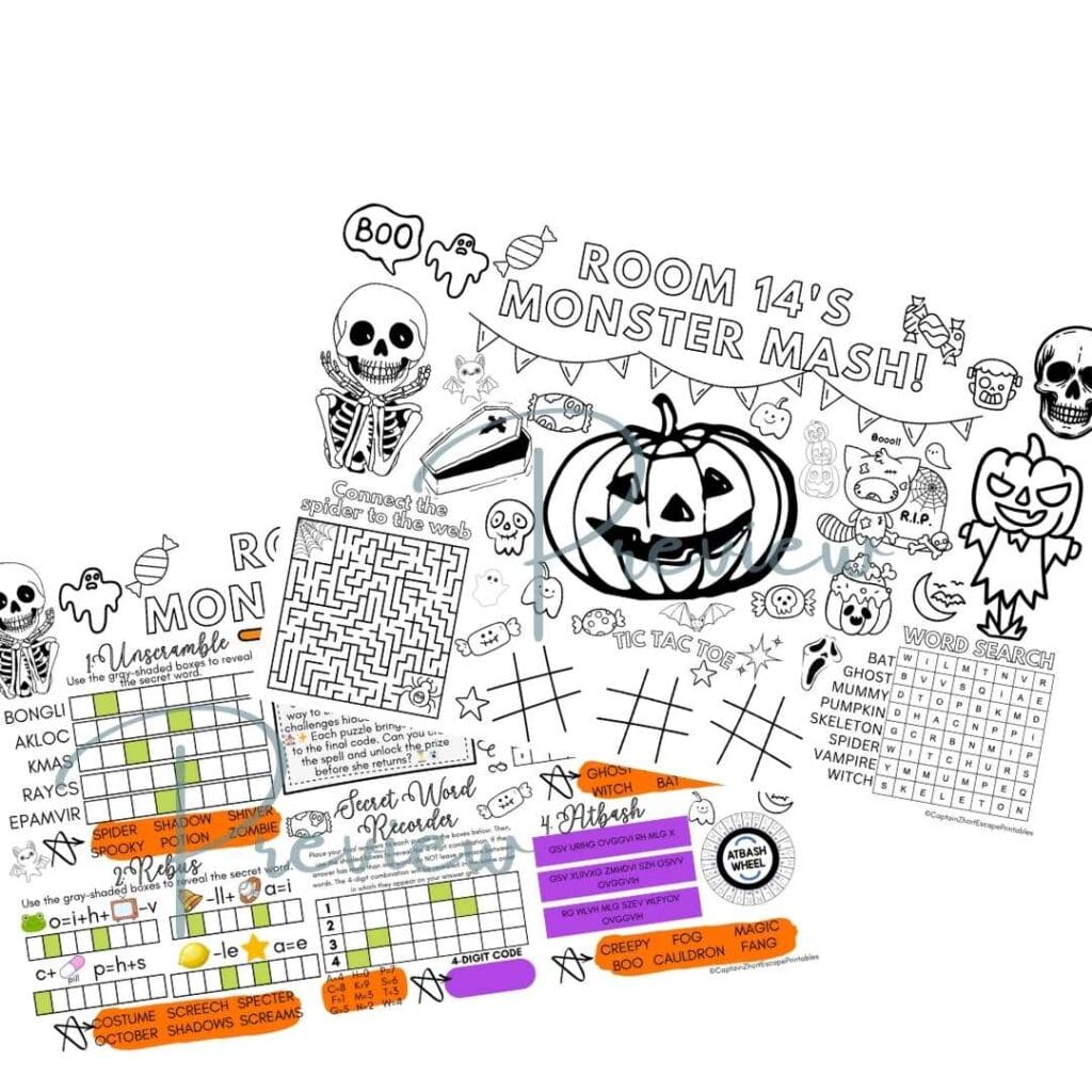 Gamified learning through mini-escape rooms and challenging activity mats. Image shows a Halloween themed mini escape room and activity mat. From a blog post by In Around the Middle