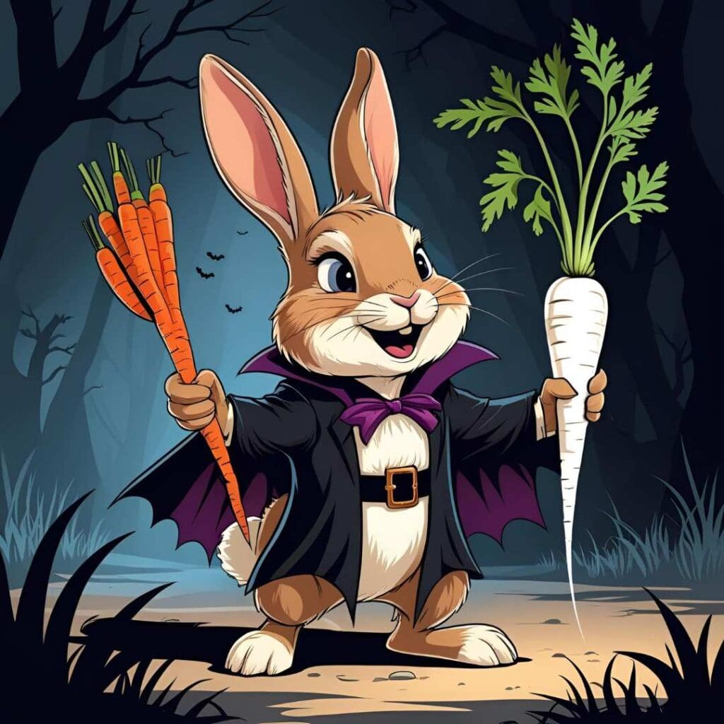 Image show a bunny dressed as a vampire holding a white carrot in one hand and a bunch or orange carrots in the other. Meant to represent the novel Bunnicula. From a blog post titled Exciting Autumn Classroom Activities to Energize Class Novels. By In Around the Middle @ aroundthemiddle.com