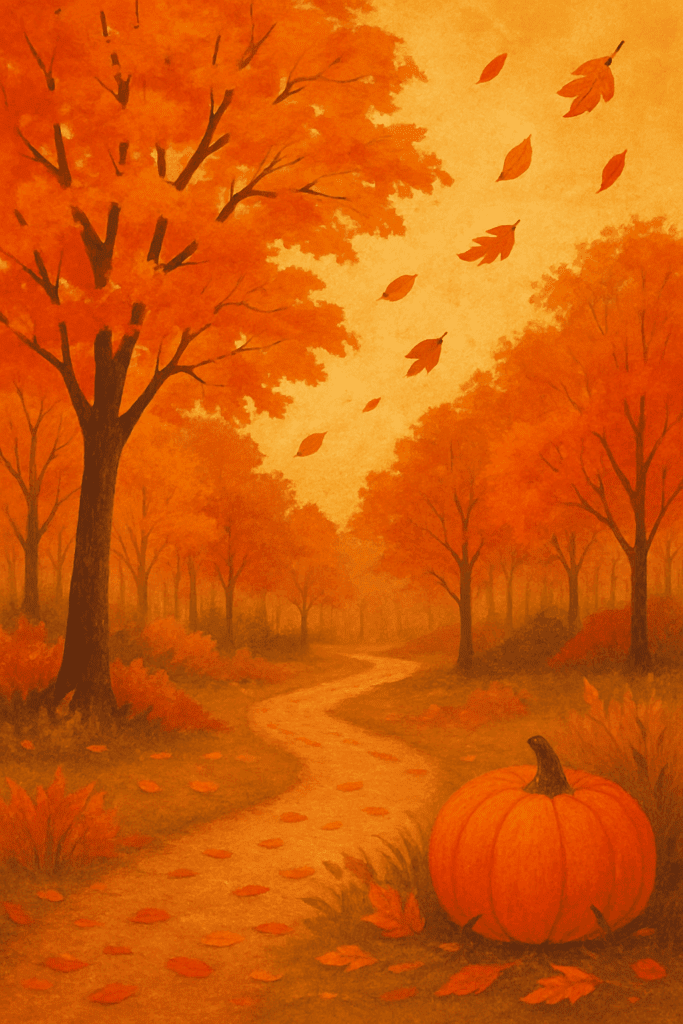 Image shows an autumn scene with trees with leaves turning shades of orange and a pumpkin alongside a path. From a blogpost on Falling for Figurative Language – Autumn Activities for Elementary Students by In Around the Middle @ aroundthemiddle.com