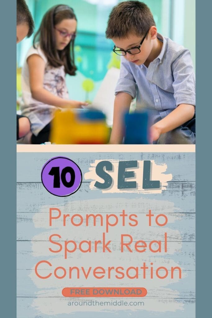 Video showing animated hexagonal thinking prompts appearing on screen with pastel colours and movement, demonstrating how to integrate SEL and critical thinking in the classroom. In a blog post by In Around the Middle @ aroundthemiddle.com