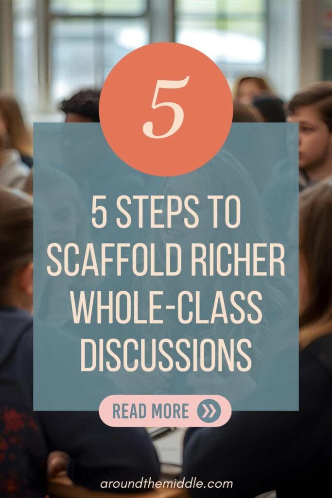 Pinterest pin that reads: 5 steps to Scaffold Richer Whole-Class Discussions. From a blog post by In Around the Middle about 'Scaffolded Whole-Class Discussion Strategies: From Simple Recall to Profound Understanding' @ aroundthemiddle.com