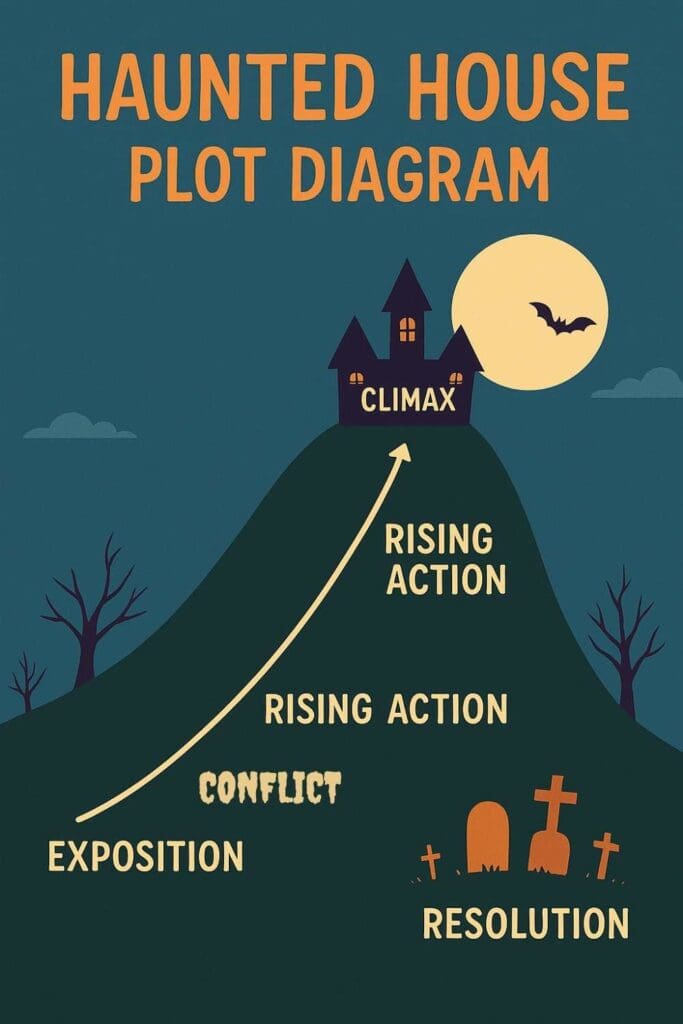 Image shows a haunted house on top of a hill with a conflict plot diagram on the hill. Image of a free Spooky Structure Plot Diagram from a blog post on Halloween ELA Activities by In Around the Middle @ aroundthemiddle.com