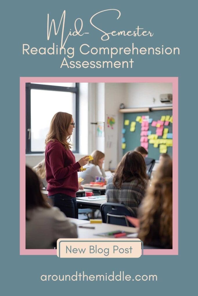 Text reads: Mid-Semester Reading Comprehension Assessment. New Blog post. Aroundthemiddle.com Blog post written by In Around the Middle