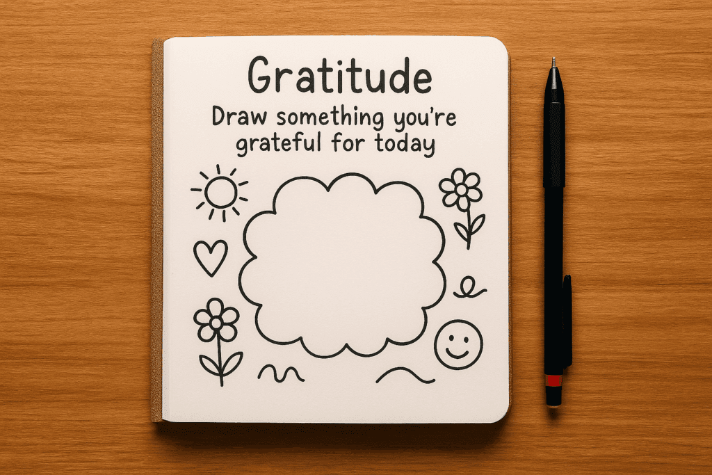 Open gratitude journal on a wooden table with doodle prompts, including flowers, sun, heart, and space to draw what you’re grateful for. From a blog post on gratitude journal ideas by In Around the Middle @ aroundthemiddle.com