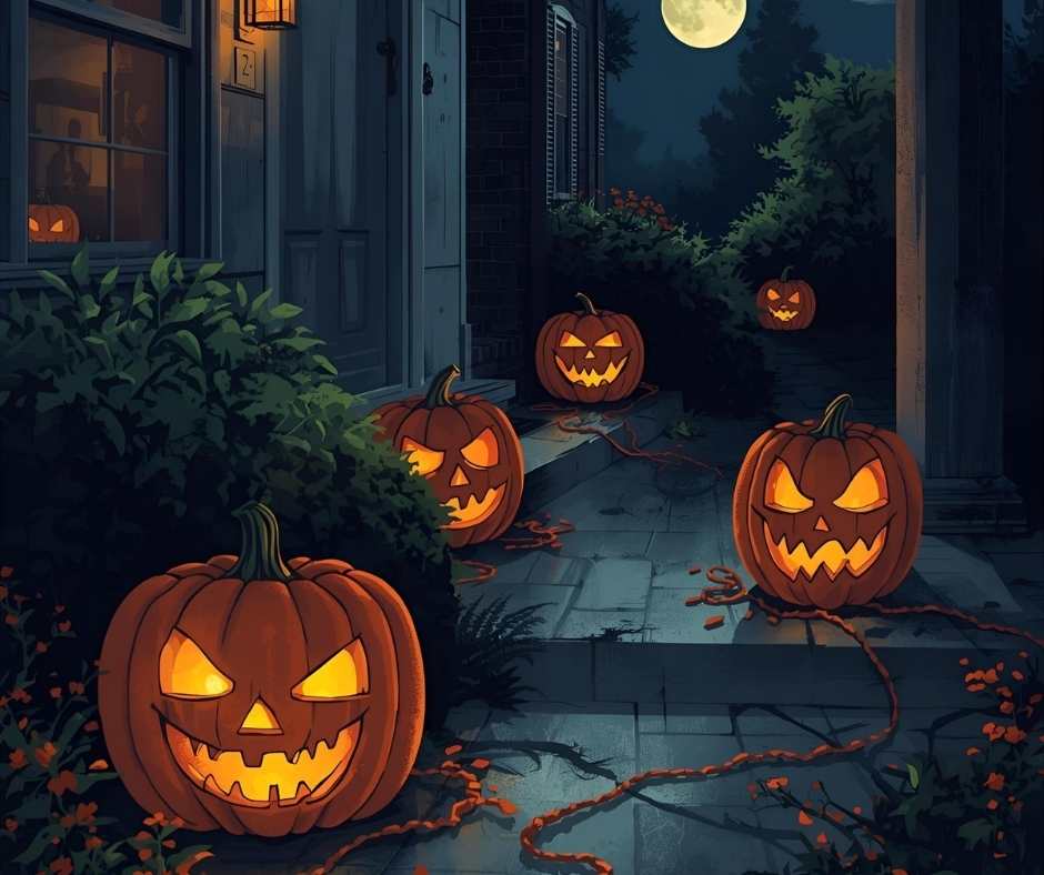 Image shows a full moon and creepy front porch with glowing jack-o-lanterns. Part of a blog post on Halloween ELA Activities by In Around the Middle @ aroundthemiddle.com