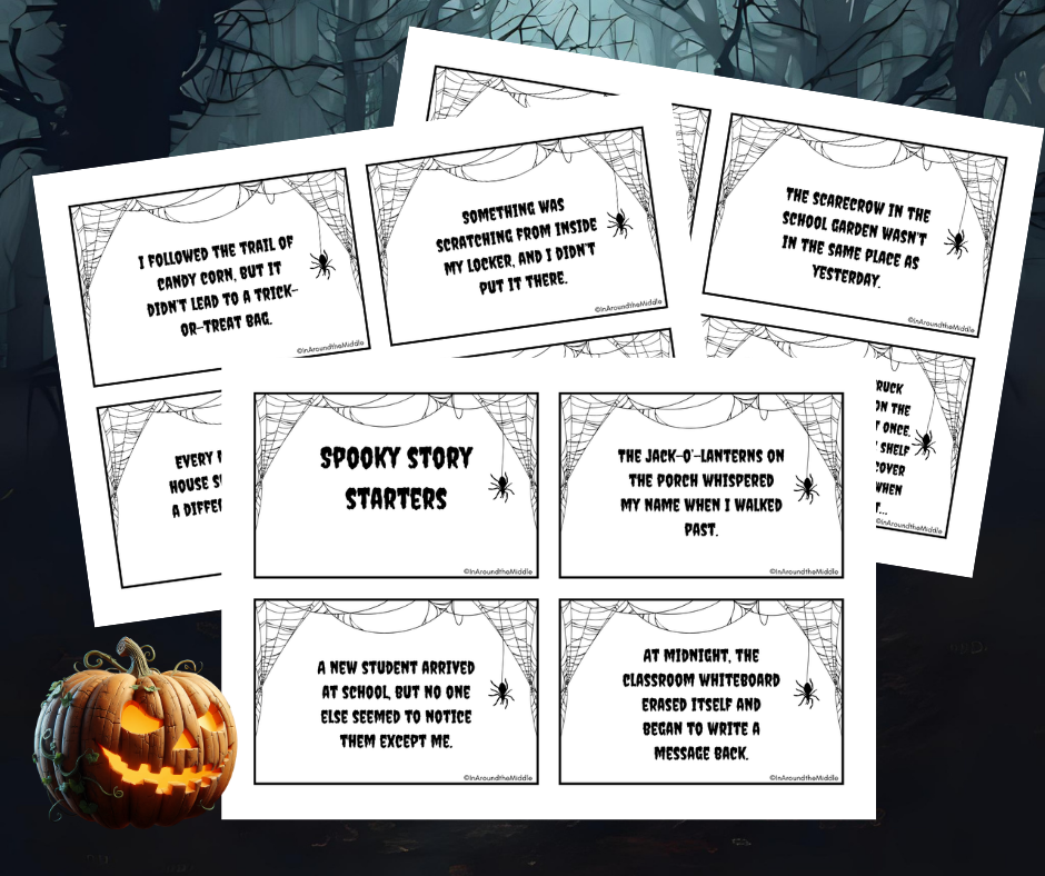 Image shows a free spooky story starters download in a blog post on Halloween ELA Activities by In Around the Middle @ aroundthemiddle.com