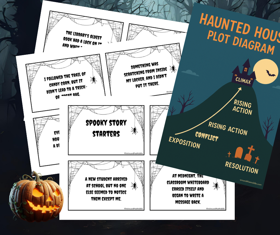 Image shows a free Halloween ELA activity of spooky story starters and a haunted house plot diagram. Attached to a blog post by In Around the Middle @ aroundthemiddle.com