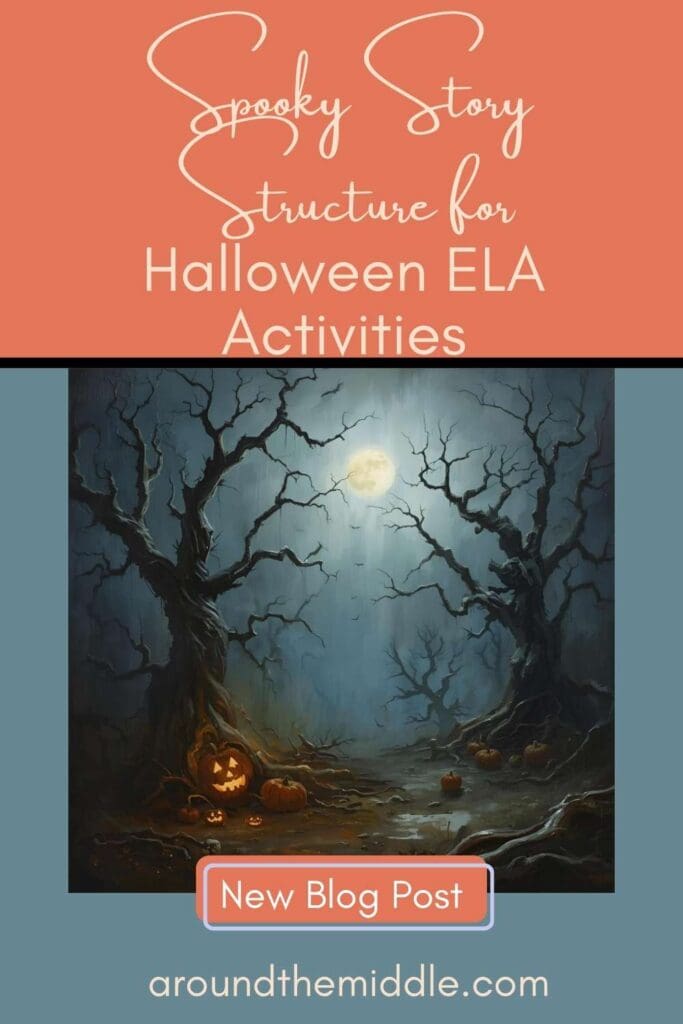 Text reads: Spooky Story Structure for Halloween ELA Activities. Image shows a dark scene with dead trees, a full moon and grinning jack-o-lanterns. Pin Image for a blog post by In Around the Middle @ aroundthemiddle.com