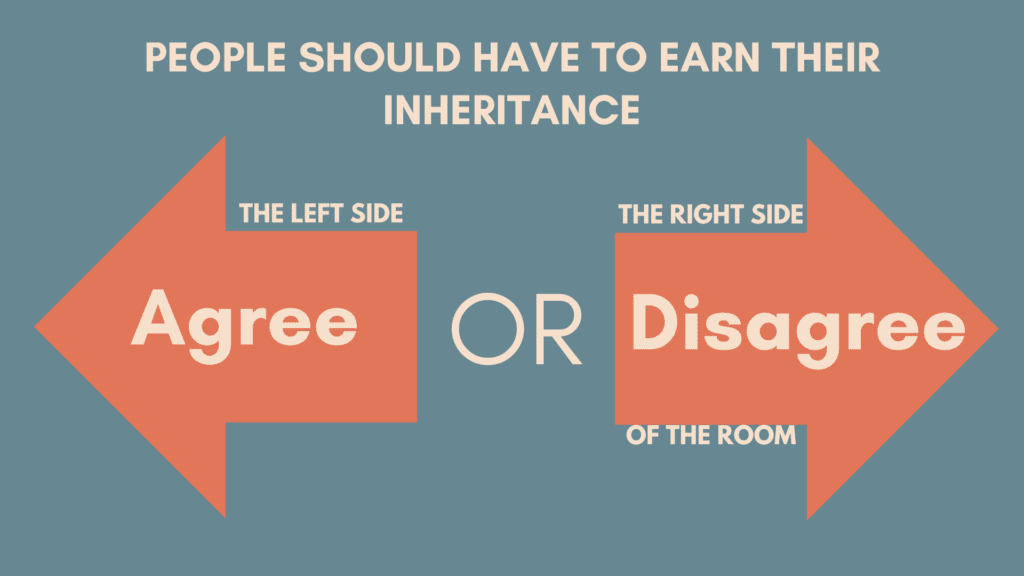 Example of a debatable statement for the novel The Westing Game by Ellen Raskin. Image reads: People should have to earn their inheritance. Part of a blog post titled: Pre-Reading Novel Study Guide: How to Motivate Students and Spark Curiosity in Any Novel by In Around the Middle