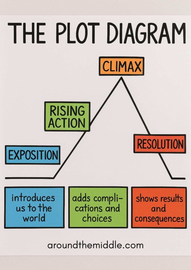 Classroom poster showing a plot diagram with labeled sections: Exposition, Rising Action, Climax, and Resolution. The exposition introduces the world, the rising action adds complications and choices, and the resolution shows results and consequences. Source: aroundthemiddle.com. From a blog post on teaching plot structure and conflict.