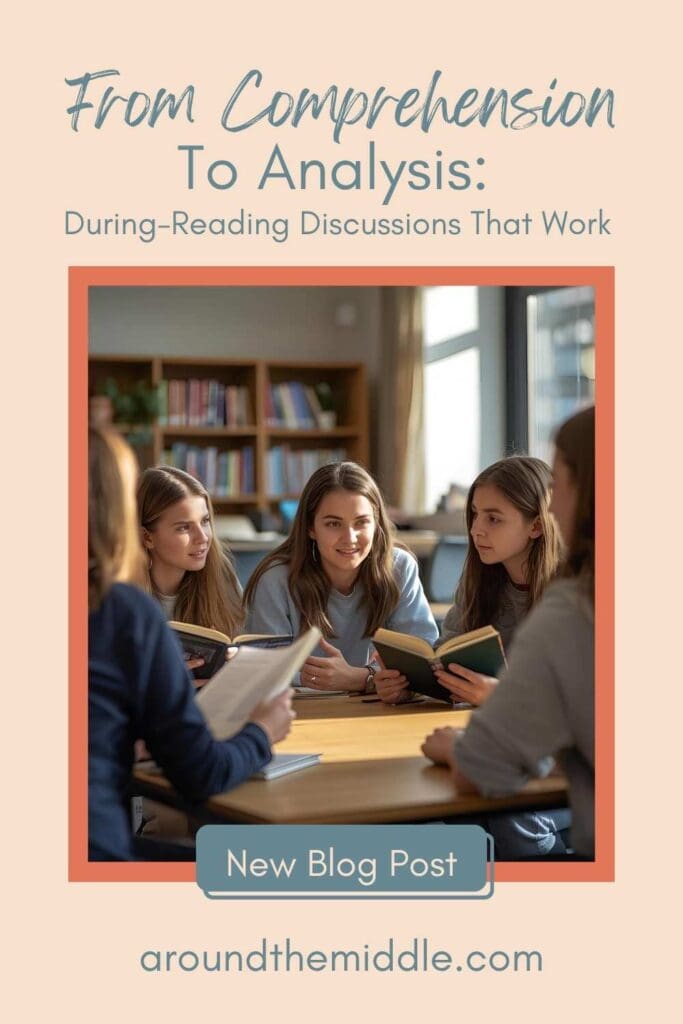 Middle school students in a classroom are discussing novels during a reading activity designed to build comprehension and critical thinking skills. From a blogpost by In Around the Middle on Dynamic Novel Study Activities to Bring Energy to During Reading Time