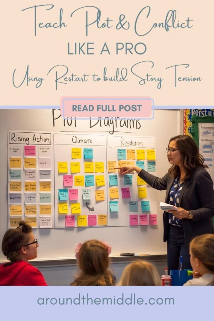 Teacher leading a lesson on plot structure and conflict using a classroom anchor chart filled with colorful sticky notes while students discuss story events — a visual from a blog post on teaching plot and conflict using Restart. Blogpost by In Around the Middle @ aroundthemiddle.com