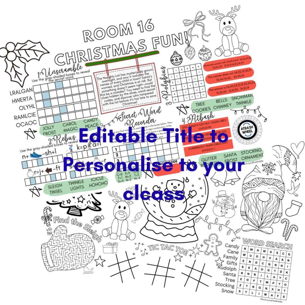 A Christmas mini-escape room and activity mat. In a blogpost on December Classroom Activities by In Around the Middle @ aroundthemiddle.com