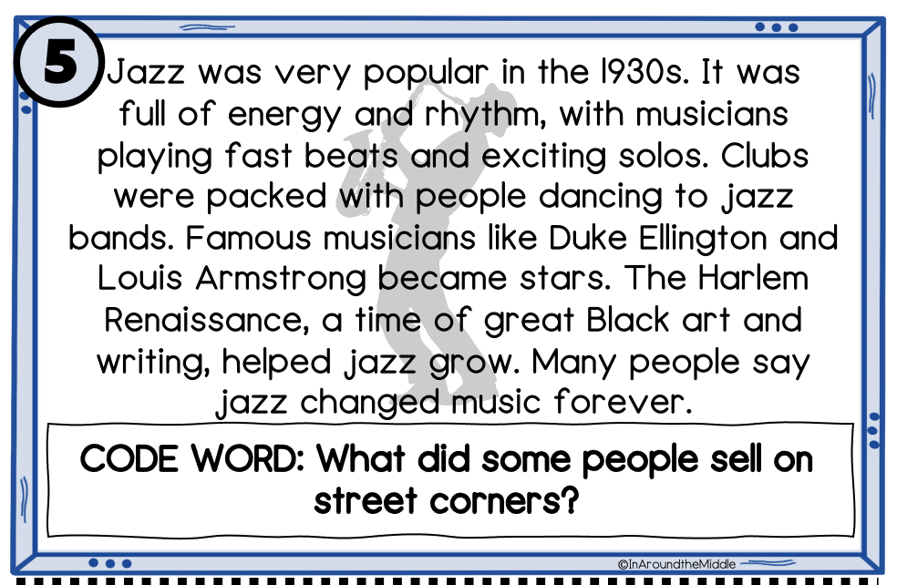 Pre-Reading Scavenger hunt example card for the novel Bud Not Buddy, giving students background information on the 1930s. Part of a blog post titled: Pre-Reading Novel Study Guide: How to Motivate Students and Spark Curiosity in Any Novel by In Around the Middle
