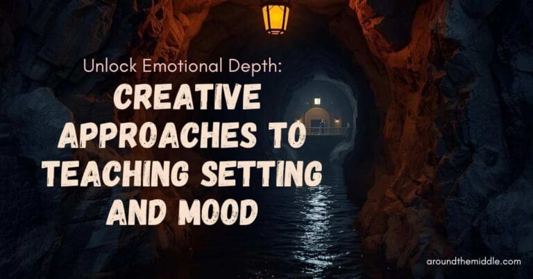 Blog header image showing a dimly lit tunnel with water reflecting warm light from hanging lamps. At the end of the tunnel, a lit archway reveals a bridge and figures in the distance. Text reads: ‘Unlock Emotional Depth: Creative Approaches to Teaching Setting and Mood.’ Website: aroundthemiddle.com.