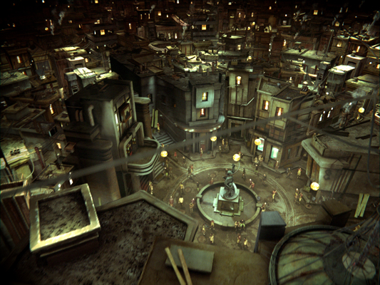 Image shows the streets of Ember - from the film adaption of The City of Ember. Illustrative of teaching the setting and mood through images. In a Blog post on teaching setting and mood by In Around the Middle @aroundthemiddle.com
