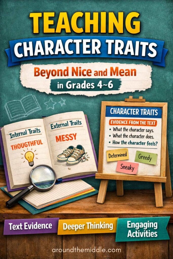 Colorful digital graphic showing teaching character traits in Grades 4–6 with internal and external trait examples, an anchor chart, and text evidence tips for upper elementary. By In Around the Middle @ aroundthemiddle.com