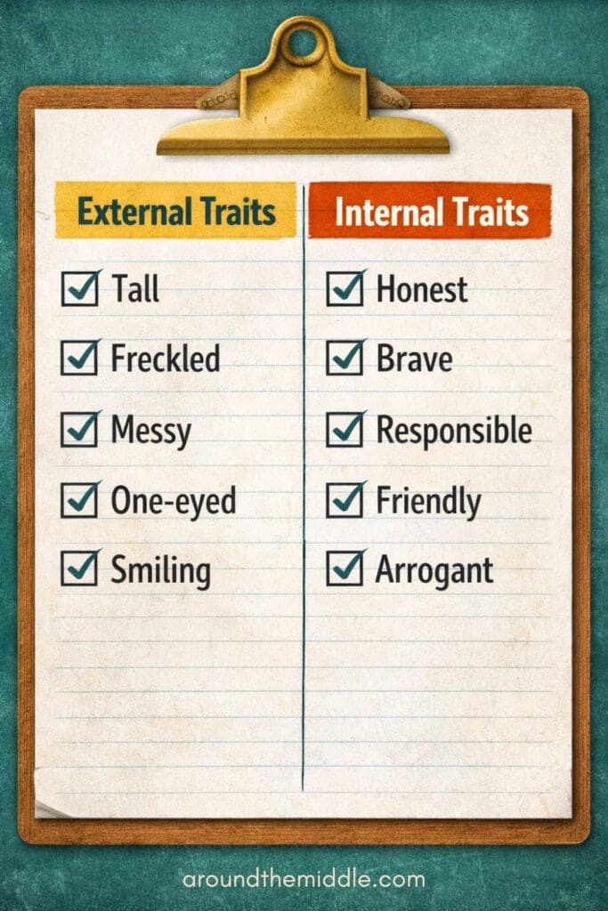 Clipboard checklist divided into two columns: external traits (tall, messy, freckled) and internal traits (honest, brave, arrogant) with checkboxes for teaching character traits in Grades 4–6. For blog post on teaching character traits by In Around the Middle @ aroundthemiddle.com