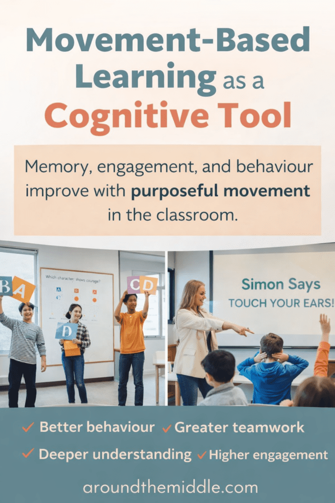 Movement-based learning classroom strategy showing students using purposeful movement to support thinking, memory, and engagement during a lesson.